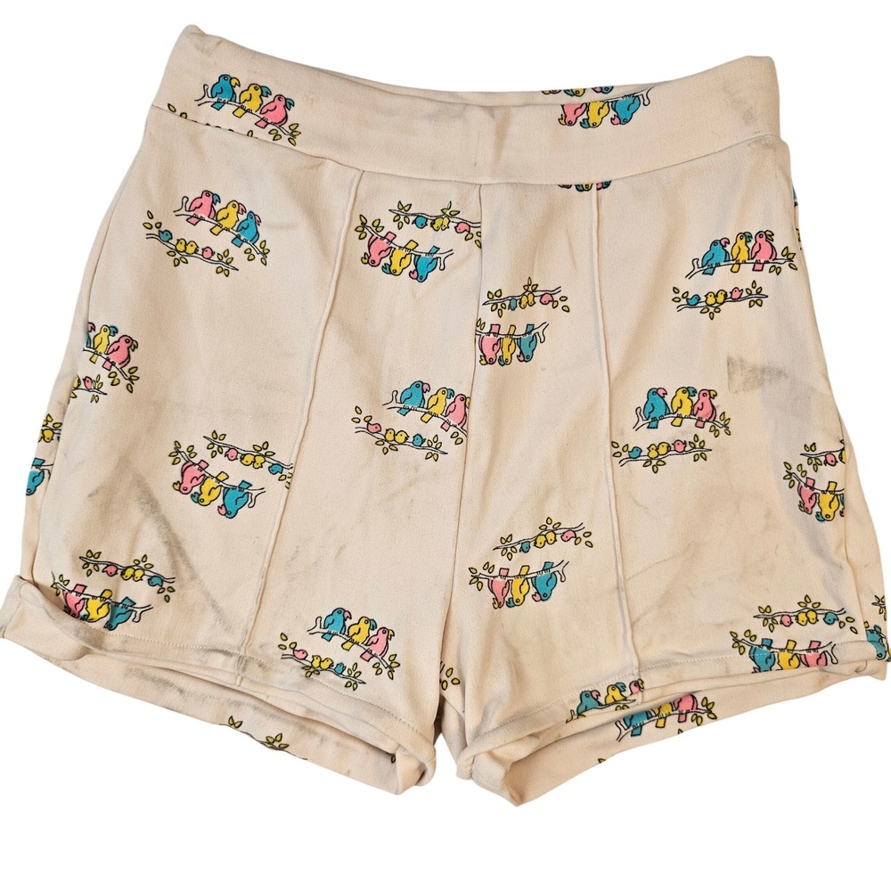 Vintage Bird Print High Waisted Shorts Nylon Cream Novelty Graphics Size 32